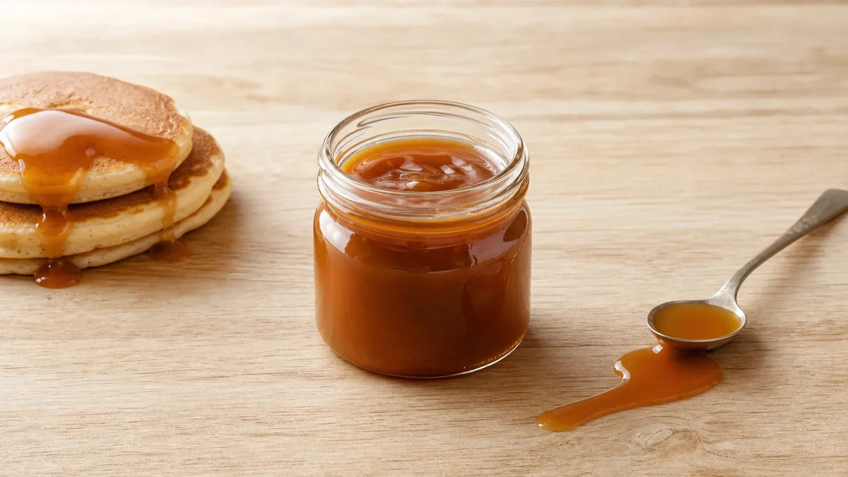 Pot de caramel à l’érable avec pancakes et cuillère