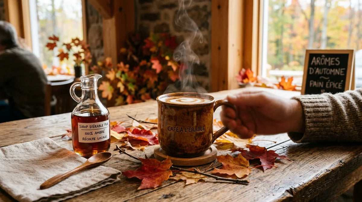 Tasse de café à l'érable fumante avec sirop d'érable et feuilles d'érable