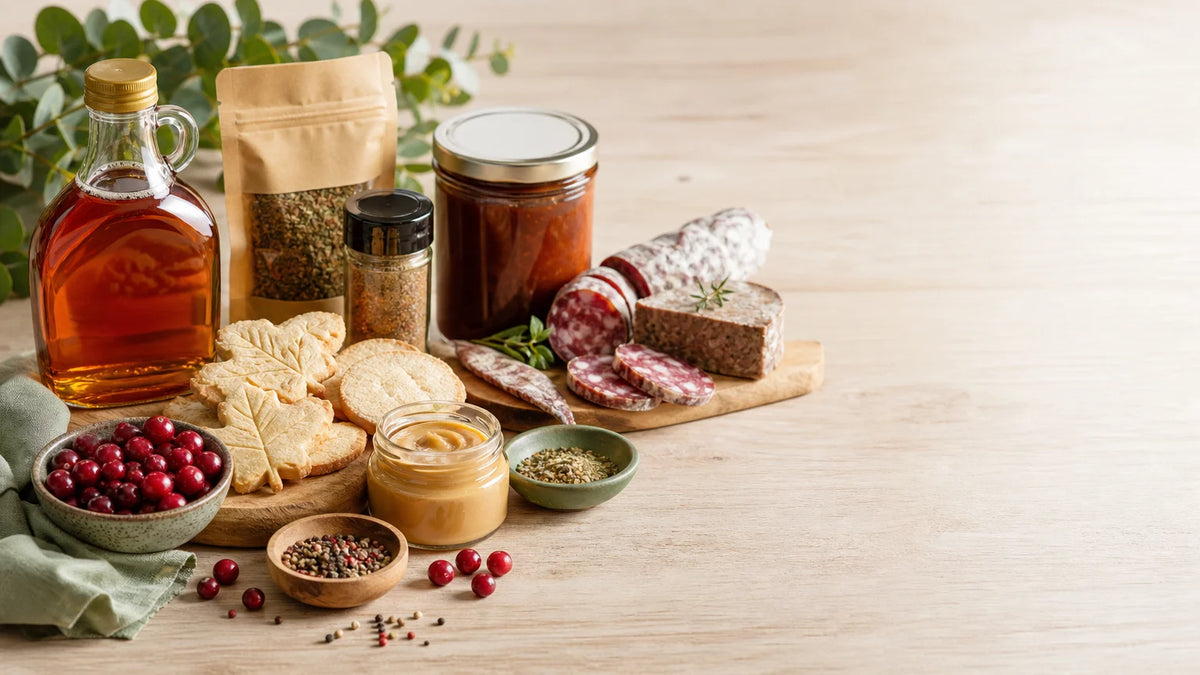 Sélection de spécialités québécoises et de produits à l’érable sur une table