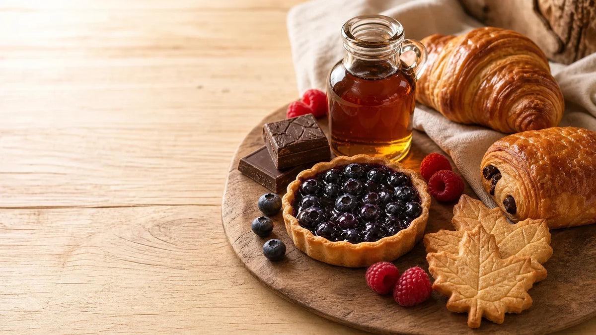 Sélection de gourmandises québécoises artisanales avec sirop d’érable, tarte aux petits fruits et biscuits