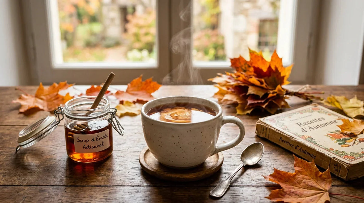 Tasse fumante de thé noir à la crème d'érable avec feuilles d'érable