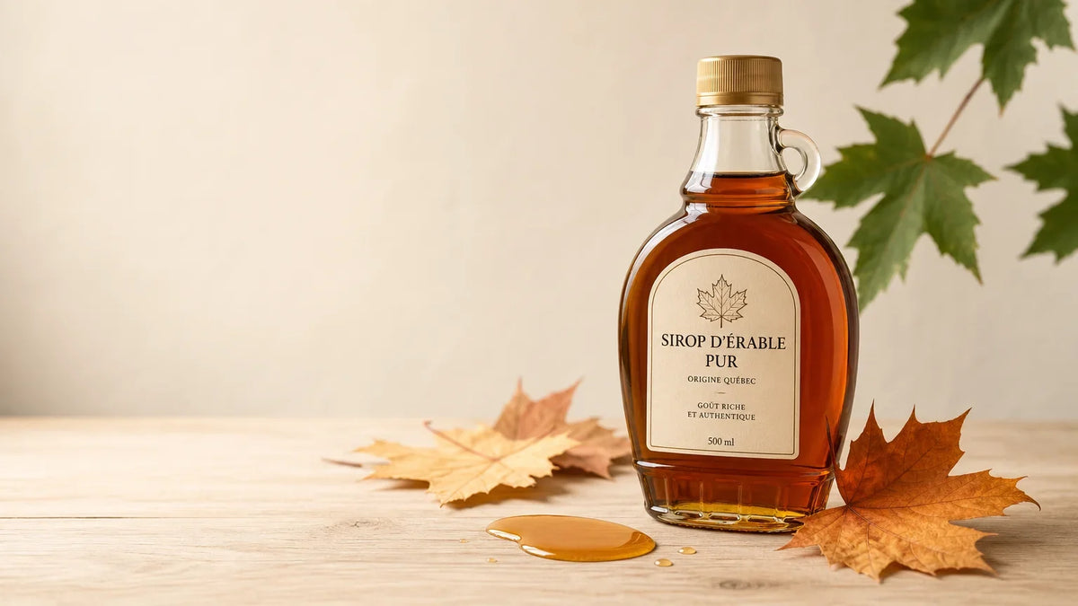 Bouteille de sirop d’érable pur du Québec sur une table en bois