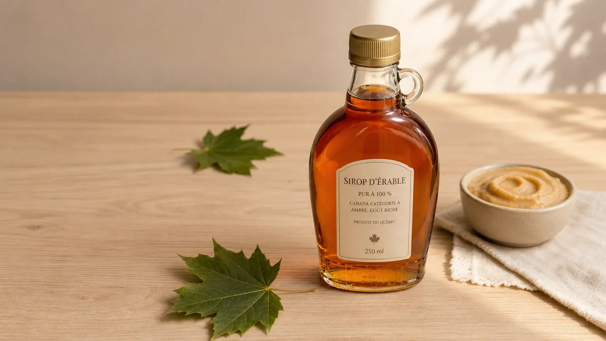 Bouteille de sirop d’érable et coupelle de beurre d’érable