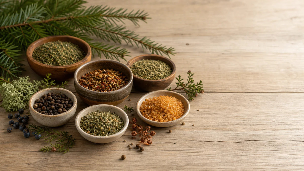 Épices québécoises, aromates boréaux et érable présentés en nature morte