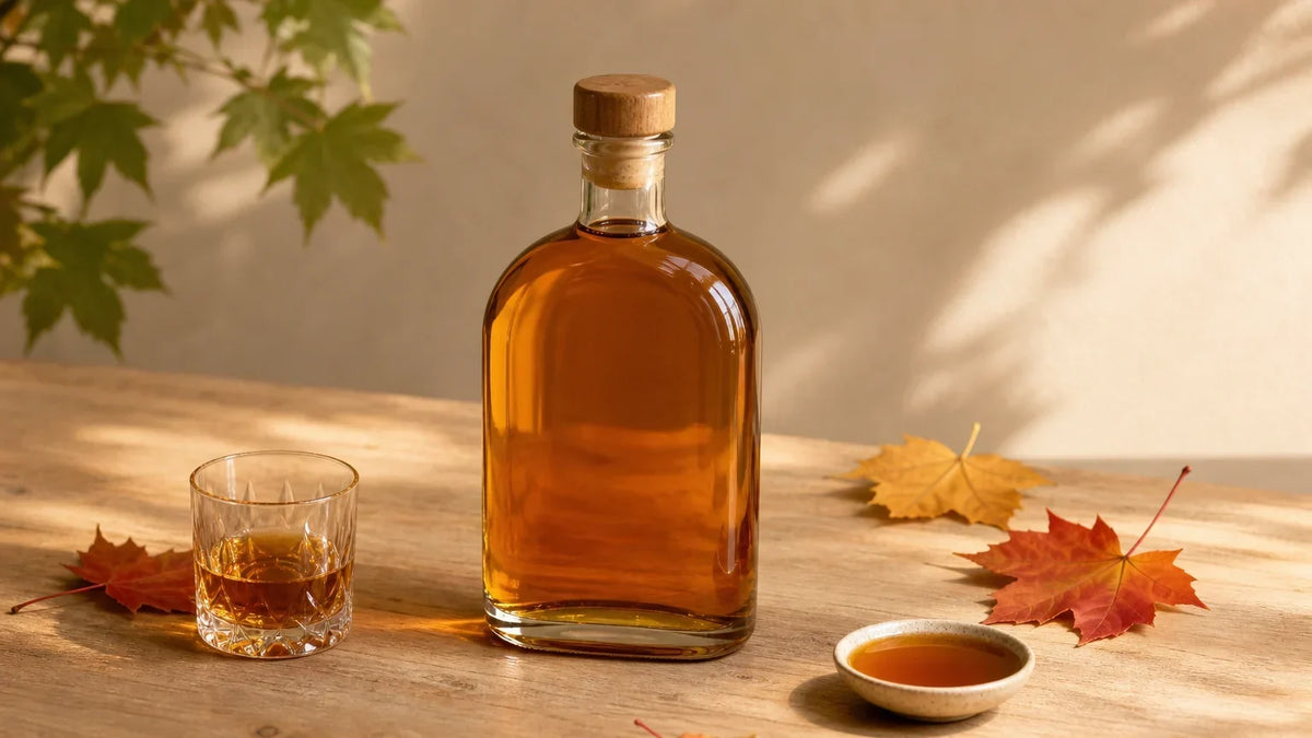 Bouteille générique de whisky canadien au sirop d’érable avec verre de dégustation
