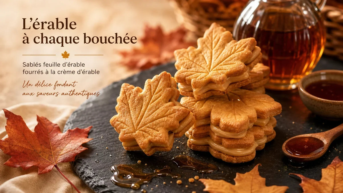 Biscuits en forme de feuille d'érable fourrés à la crème présentés avec du sirop