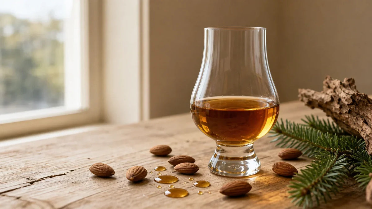 Verre de liqueur ambrée avec sirop d’érable, amandes et éléments botaniques