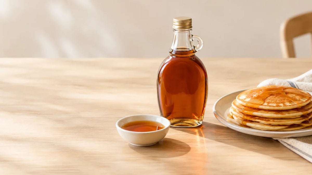 Bouteille de sirop d’érable ambré sur une table de petit-déjeuner lumineuse