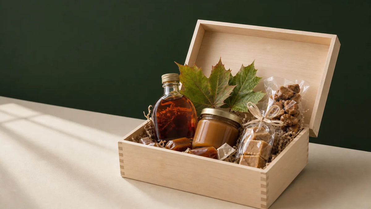 Coffret gourmand aux saveurs d’érable du Québec, présenté sur une table claire