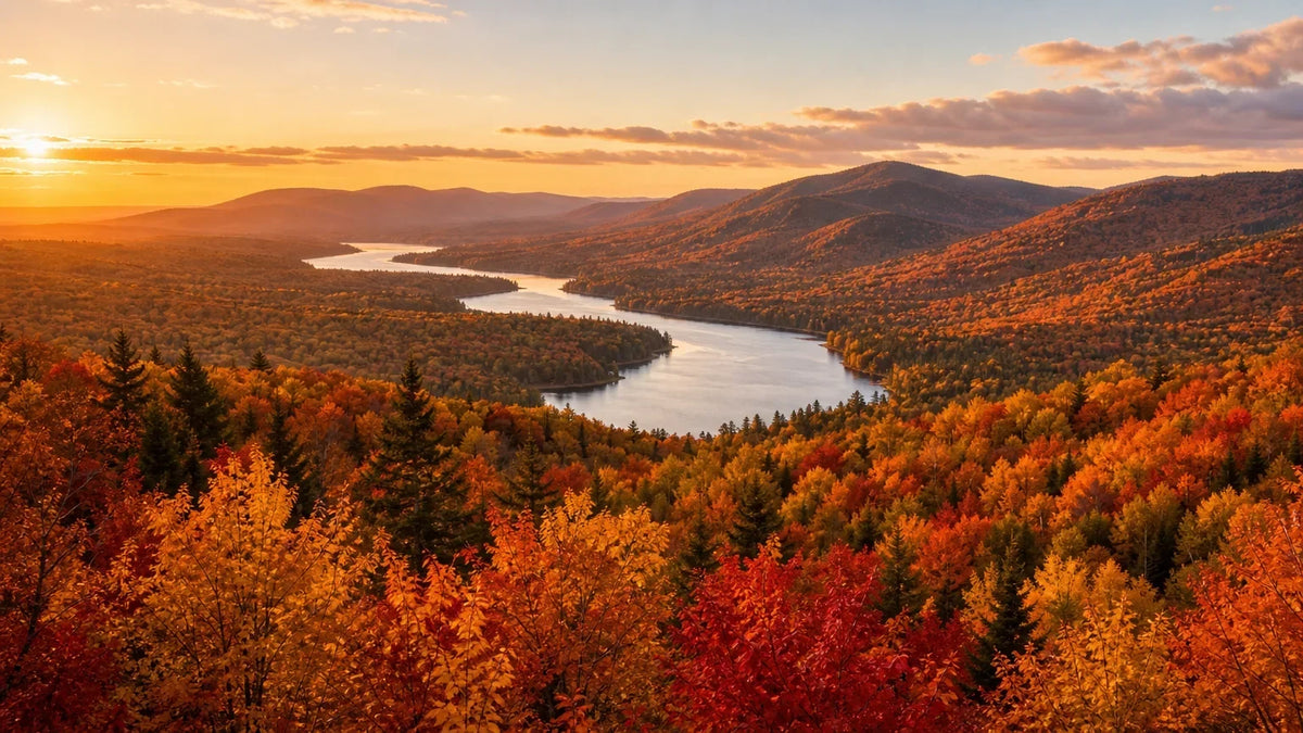 Paysage panoramique de collines et forêts d'érables aux couleurs d'automne au Québec
