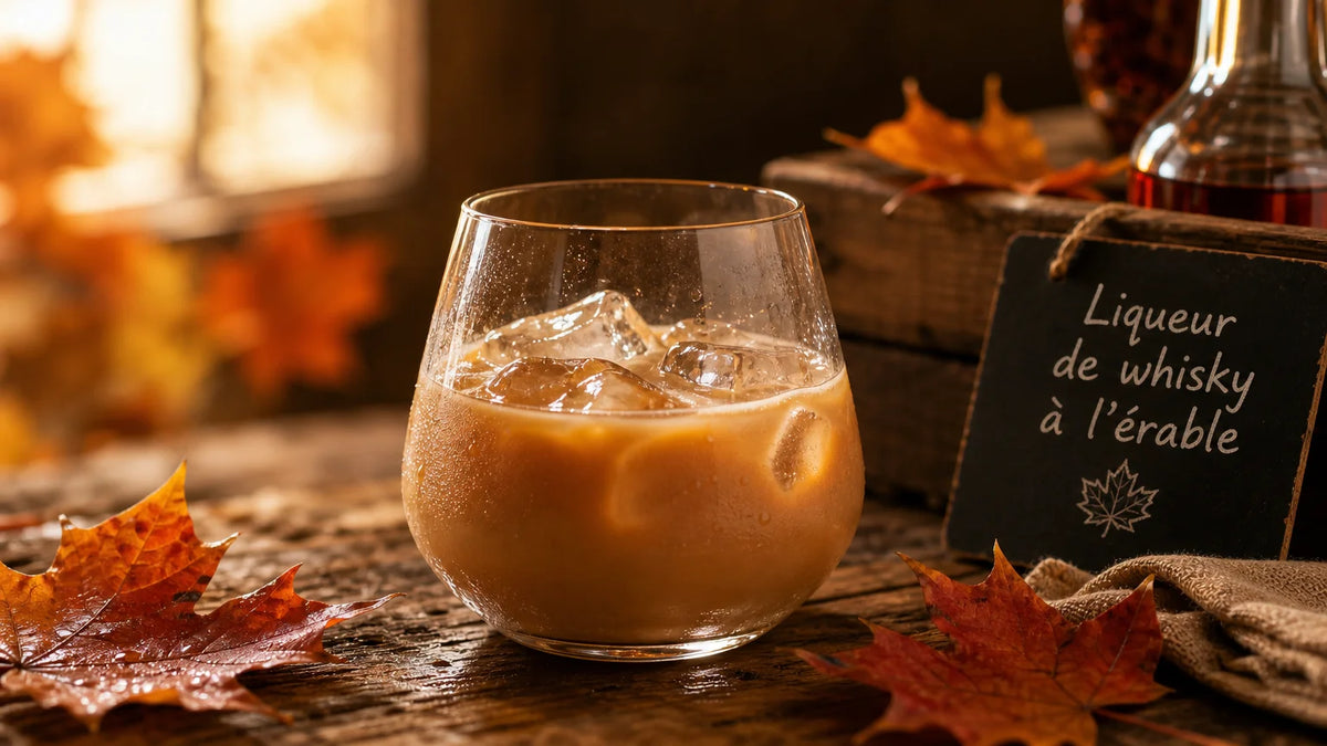 Verre de crème de whisky au sirop d'érable servie sur glace dans une ambiance chaleureuse