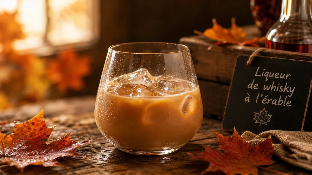 Verre de crème de whisky au sirop d'érable servie sur glace dans une ambiance chaleureuse