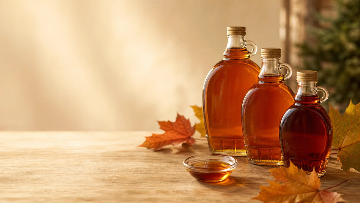 Sélection de bouteilles de sirop d’érable québécois aux teintes dorée, ambrée et foncée