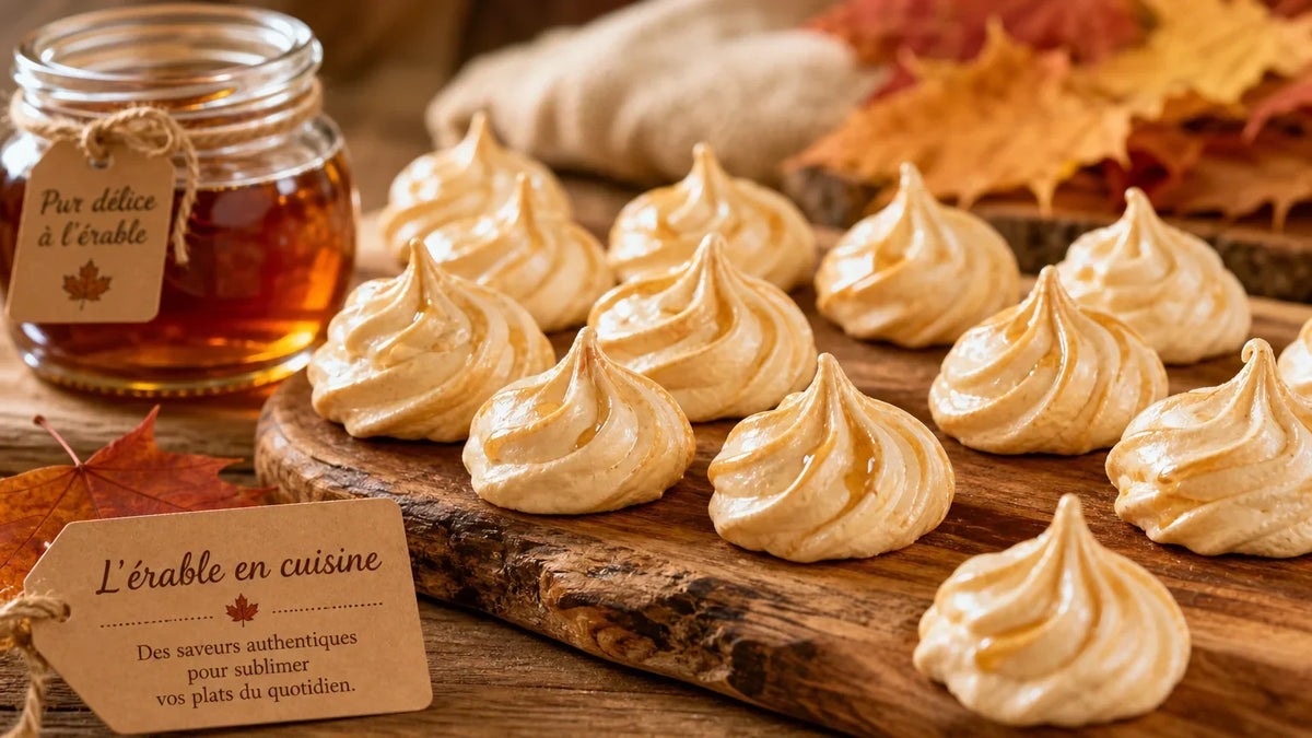 Meringues dorées à l'érable sur une planche en bois avec du sirop d'érable