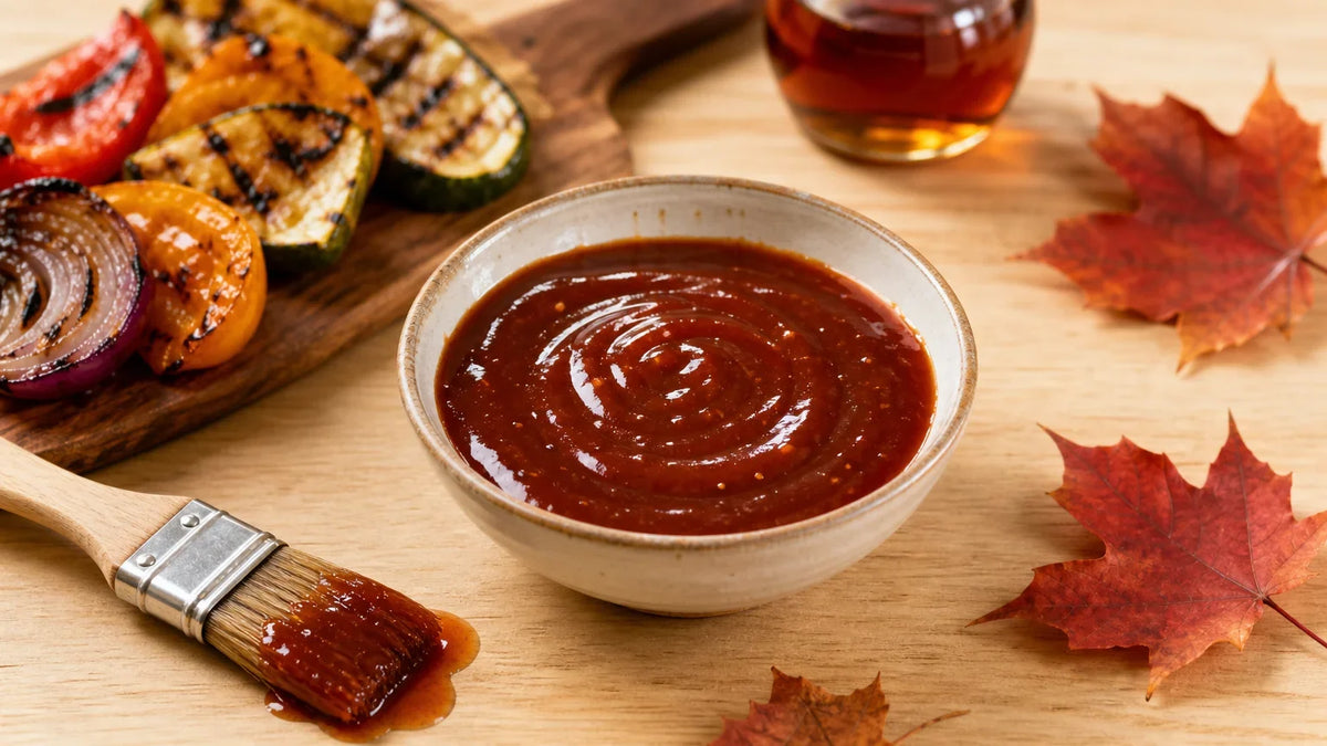 Bol de sauce barbecue à l’érable entouré de légumes grillés