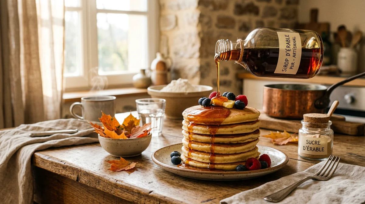 Sirop d'érable ambré versé sur des crêpes dorées avec feuilles d'érable et sucre d'érable