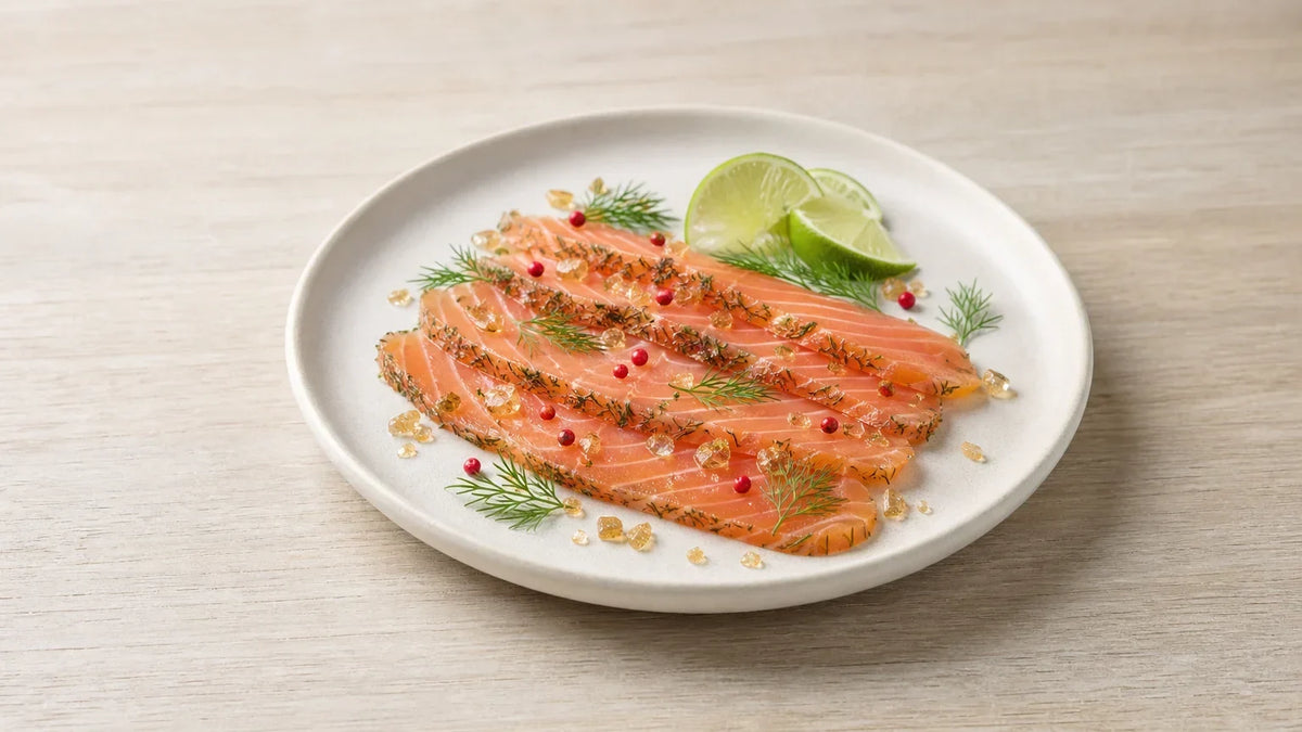 Gravlax de saumon à l’érable fumé servi avec citron vert et aneth