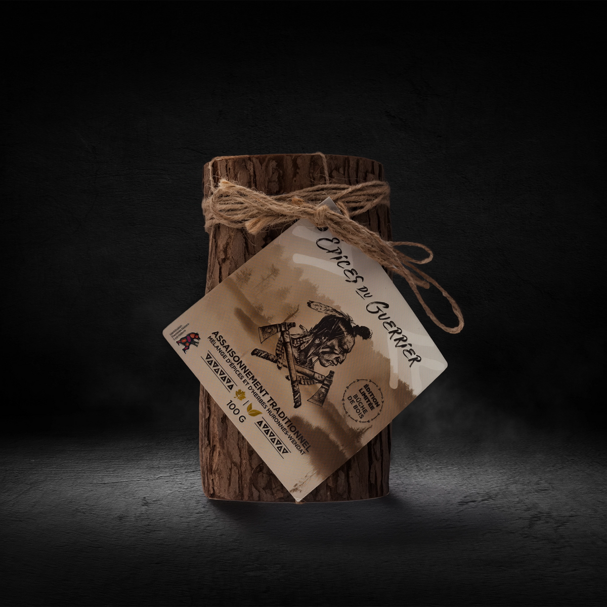 Bûche cadeau en bois et épices 100 g – Épices du Guerrier – vue de face