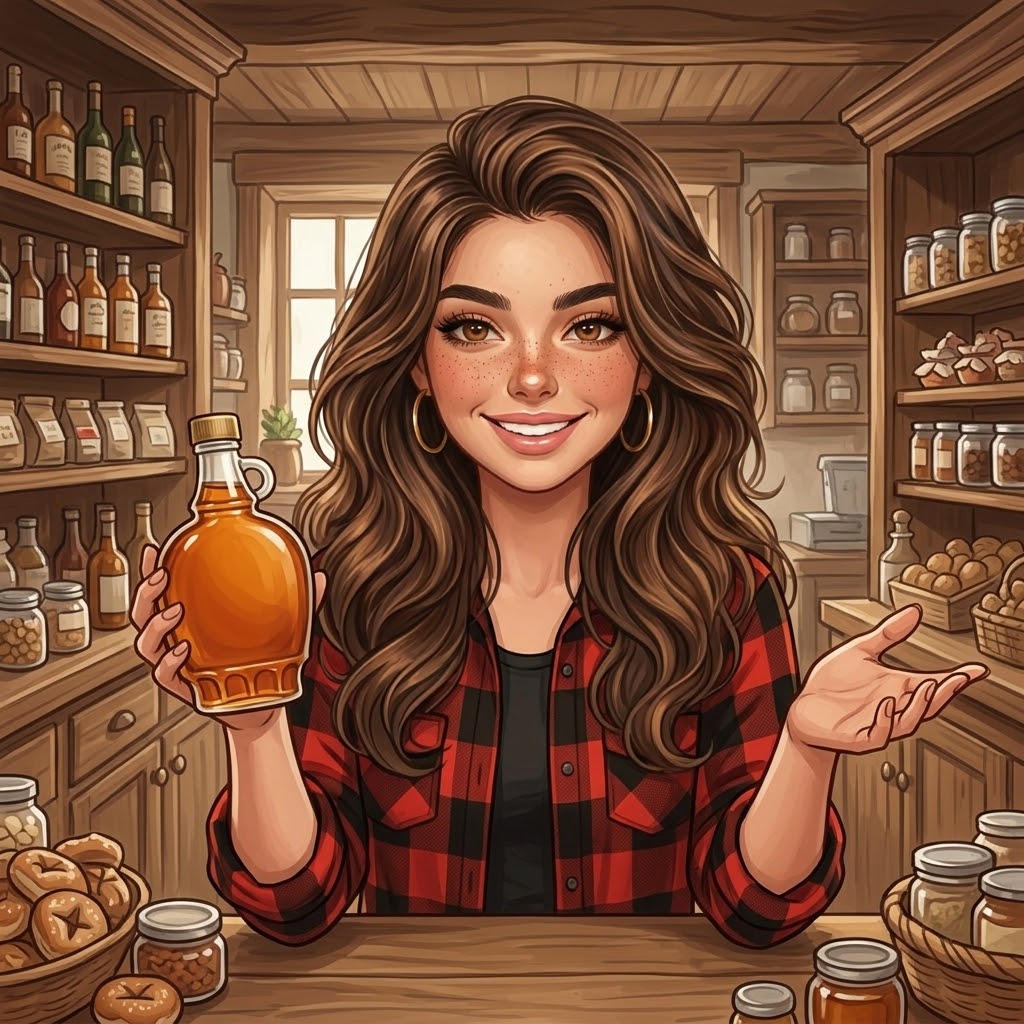 Naya au comptoir de l'épicerie avec un sirop d'érable